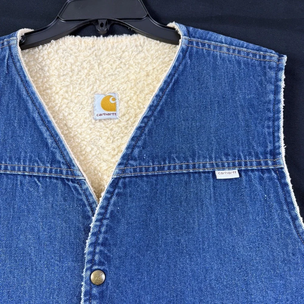 VTG 80's Carhartt Denim Western Style Vest Sherpa Lined Workwear Outerwear XXL - Picture 2 of 11